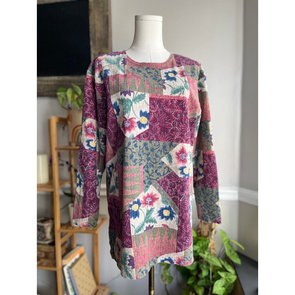 Vintage 80s Flannel Blouse Pink Green Floral Patchwork Tunic Size Medium